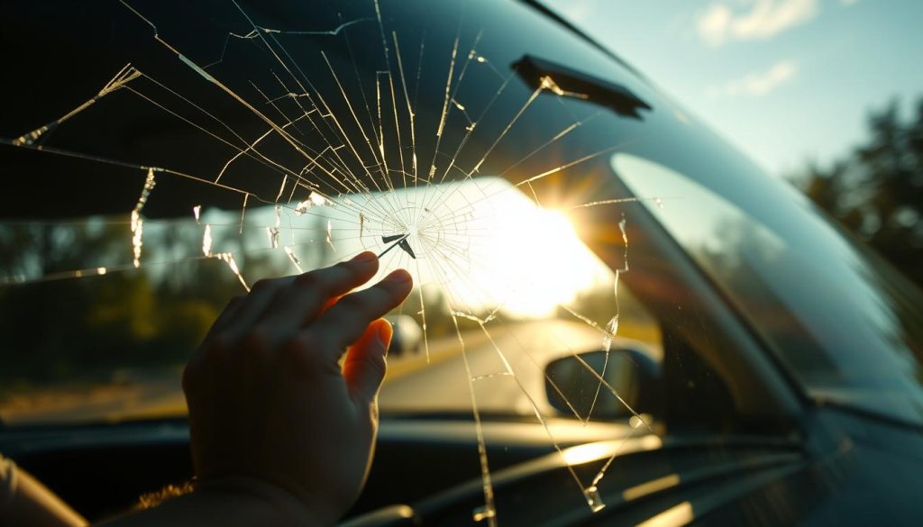 A sun-dappled roadside, a car's windshield prominently in focus. The glass is cracked, spider-webbing outward from a central impact point. Shards of glass glint in the warm afternoon light, hinting at the sudden and jarring nature of the damage. In the foreground, a pair of hands carefully tracing the cracks, assessing the extent of the repair needed. The car's interior is visible through the damaged windshield, conveying a sense of vulnerability and the need for immediate action. The surrounding landscape is blurred, drawing the eye to the central focus of the windshield and the delicate repair process unfolding. A sense of urgency and concentration permeates the scene, capturing the importance of this crucial safety step.