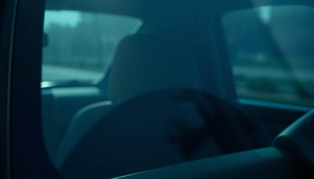 A tempered glass window for a vehicle, reflecting the sun's rays with a subtle sheen. The glass appears sturdy and resilient, with a slight tint to reduce glare. The surface is smooth and unblemished, conveying a sense of safety and durability. The image is captured from a slightly elevated angle, showcasing the curvature and taper of the window, as well as the seamless integration with the vehicle's frame. The lighting is natural, casting soft shadows and highlights that accentuate the glass's depth and clarity. The overall mood is one of reliability and modern automotive engineering.
