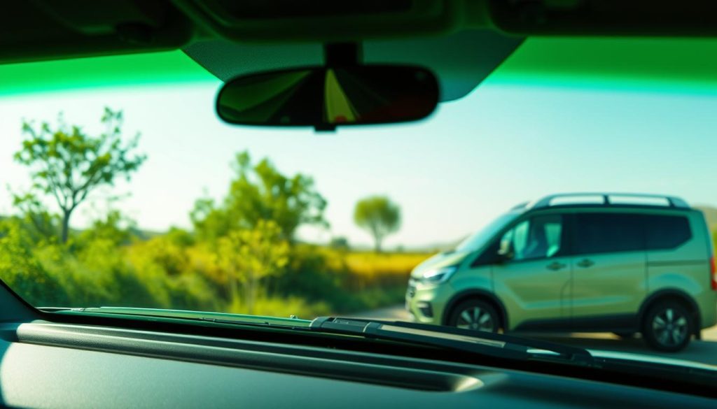 A vibrant green windshield made from recycled glass glistens in the soft, natural light. The smooth, transparent surface reflects the lush greenery and clear blue sky outside, seamlessly blending the interior and exterior. In the foreground, the windshield is subtly curved, creating a sense of depth and movement. The middle ground showcases the intricate frame, crafted from sustainably sourced materials, complementing the green hue. In the background, a modern, energy-efficient vehicle stands as a testament to the practical benefits of green automotive design. The overall scene conveys a harmonious, eco-friendly atmosphere, inspiring a sense of environmental responsibility.