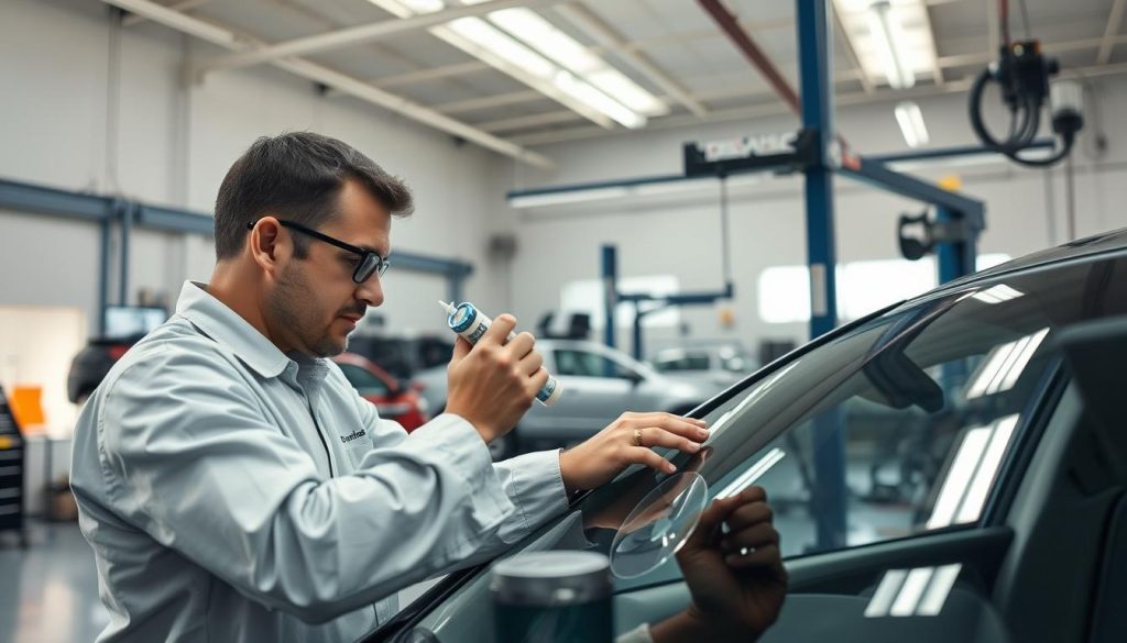 A well-lit auto repair shop with an array of professional tools and equipment. In the foreground, a skilled technician in a clean uniform carefully inspects and repairs a car's windshield, using specialized adhesives and techniques. The middle ground showcases the shop's organized workspace, with shelves of replacement parts and a state-of-the-art inspection station. The background features high ceilings, ample natural lighting from large windows, and the faint hum of machinery, conveying a sense of precision and expertise. The overall atmosphere is one of professionalism, attention to detail, and a commitment to providing top-quality auto glass repair services.