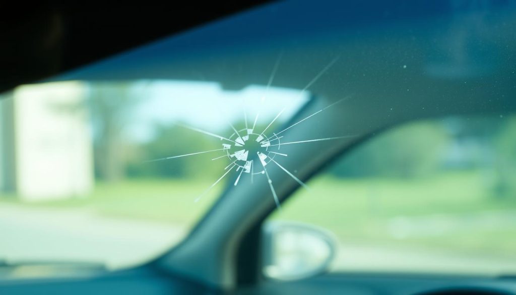 A well-lit, close-up view of a car's rear windshield, featuring a small crack or chip in the glass. The windshield is in focus, with the car's interior and exterior elements subtly blurred in the background, creating a sense of depth and emphasis on the damage. The lighting is soft and natural, capturing the texture and reflections of the glass surface. The overall composition and angle suggest an instructional or informative nature, suitable for illustrating steps to address a shattered rear windshield.