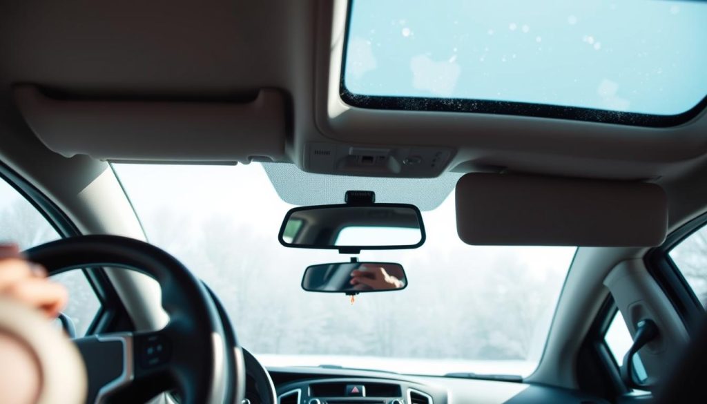 A well-lit, detailed image of several car interior components demonstrating effective fog prevention techniques. In the foreground, the steering wheel, dashboard, and center console are clearly visible, showcasing various knobs, dials, and vents. In the middle ground, the side mirrors and windshield are prominently displayed, with the windshield showing minimal to no fogging. The background depicts the car's interior, including the side windows and headliner, all appearing clear and free of condensation. The lighting is bright and natural, creating a sense of clarity and visibility. The overall composition conveys a practical, informative, and visually engaging scene to illustrate the "Effective Fog Prevention Techniques Recommended by Experts".