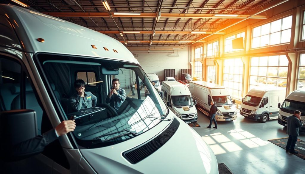 A well-lit, high-angle view of a commercial auto glass repair shop, showcasing a team of skilled technicians efficiently repairing the windshield of a large delivery van. The foreground features the technicians using specialized tools and adhesives, while the middle ground displays a variety of fleet vehicles awaiting service. The background depicts the modern, well-equipped workshop with ample natural lighting streaming in through large windows, conveying a sense of professionalism and efficiency. The overall scene exudes a calm, organized atmosphere, highlighting the streamlined process of fleet auto glass solutions.