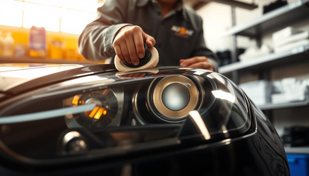 A well-lit, high-angle view of a professional auto service technician performing headlight restoration on a car's foggy, yellow-tinted headlight lens. The technician is using a specialized rotary tool with a polishing pad, carefully buffing and polishing the lens to remove the oxidized, cloudy layer. The service bay has a clean, organized layout with shelves of restoration supplies in the background. Warm, diffuse lighting illuminates the scene, casting subtle shadows that accentuate the lens restoration process. The car's hood and fender are visible in the foreground, providing context for the headlight treatment. An atmosphere of precision, expertise, and automotive care permeates the image.
