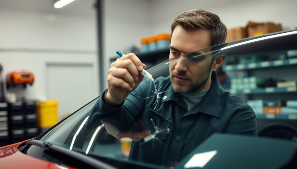 A well-lit, high-quality photograph of a professional technician performing a rear windshield repair. The technician, wearing a uniform, is carefully applying a clear adhesive sealant to the crack or chip in the glass using specialized tools. The camera angle is positioned to showcase the intricate details of the repair process, capturing the technician's focused expression and the precise application of the sealant. The background is a clean, organized workshop setting with shelves of automotive supplies and equipment, conveying a sense of expertise and professionalism. The lighting is bright and diffused, highlighting the clarity of the glass and the delicate nature of the repair. The overall mood is one of precision, care, and confidence in the technician's ability to restore the windshield to its original condition.