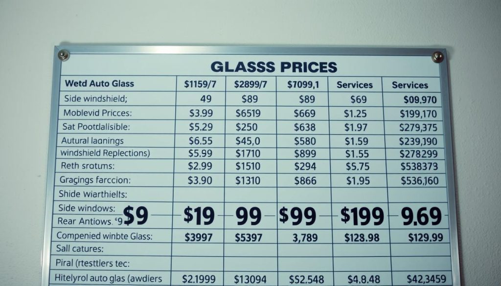 A well-lit, high-resolution close-up photograph of an auto glass price comparison board. The board displays prices for a variety of common auto glass replacement services, including windshield, side windows, and rear windows, across several major auto glass providers in the San Antonio area. The prices are clearly visible and organized in a clean, easy-to-read format. The scene is set against a plain, neutral background that allows the price comparison board to be the focal point. Soft, diffused lighting illuminates the board, creating a professional, informative atmosphere. The camera angle is slightly elevated to provide an optimal view of the price details.
