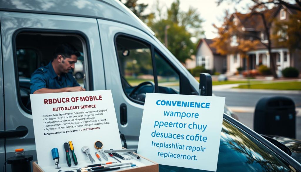 A well-lit, high-resolution image of a mobile auto glass repair service van parked on a suburban street, with a technician in uniform inspecting a customer's vehicle through the driver's side window. In the foreground, a display of specialized tools and equipment used for on-site windshield repair and replacement. The middle ground features an informative sign highlighting the convenience and speed of the mobile service. The background depicts a harmonious neighborhood setting with trees, houses, and other details that convey a sense of local accessibility and community. The overall mood is one of professionalism, efficiency, and customer-centric service.