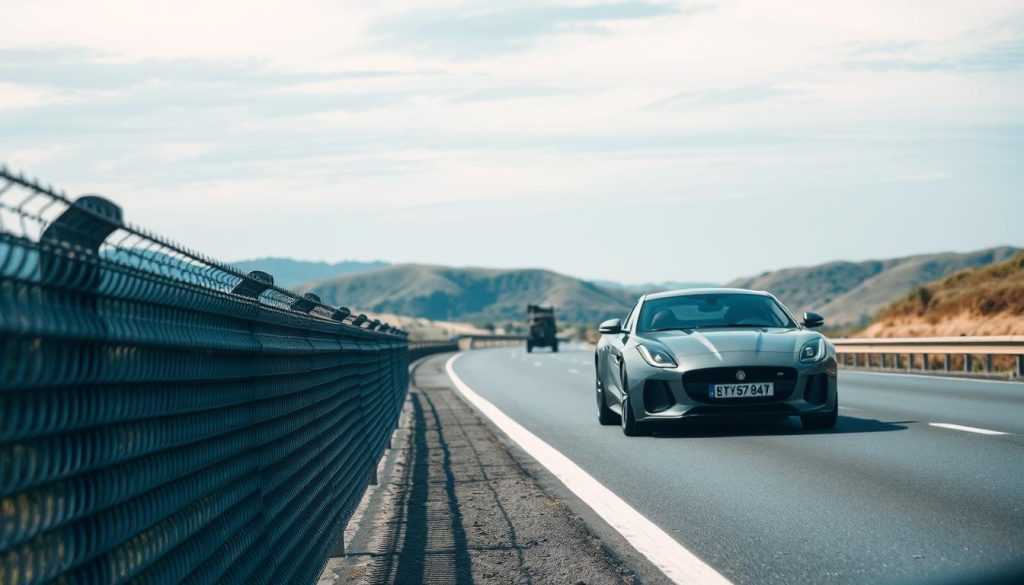 A well-lit highway scene with a focus on effective road debris protection strategies. In the foreground, a sturdy metal mesh barrier runs alongside the road, deflecting rocks and other projectiles away from oncoming vehicles. The middle ground features a sleek, modern car navigating the highway, its windshield protected by a durable transparent shield. In the background, rolling hills and a clear blue sky create a serene, peaceful atmosphere. The lighting is natural and diffused, accentuating the textures and details of the scene. The overall composition conveys a sense of safety and security for drivers on the highway.