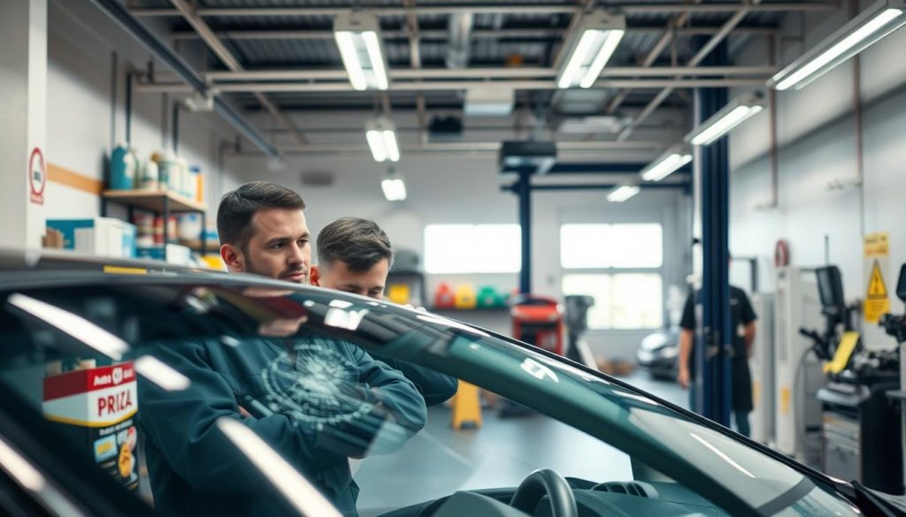 A well-lit interior scene of a modern automotive repair shop. In the foreground, a technician carefully inspects the cracked windshield of a car, studying the damage and regulations. The middle ground features shelves stocked with various auto glass products and tools, conveying the importance of proper windshield maintenance. The background showcases the workshop's orderly layout, with diagnostic equipment and safety signage visible, emphasizing the comprehensive nature of auto glass safety laws. The overall atmosphere is professional and informative, highlighting the critical role of regulations in ensuring driver and passenger safety.