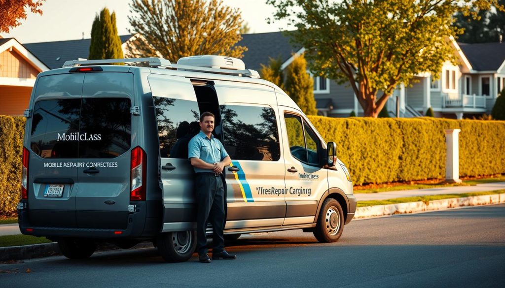 A well-lit, modern mobile auto glass repair van parked on a suburban street, with a professional technician in uniform standing next to an open side door, demonstrating the convenience and accessibility of on-site windshield repair services. The van features branding and signage showcasing the company's expertise. In the background, a row of neatly trimmed hedges and a picturesque residential neighborhood create a calming, neighborhood-friendly atmosphere. The scene conveys the ease and reliability of having skilled glass repair experts come directly to the customer's location, ensuring a seamless and hassle-free experience.