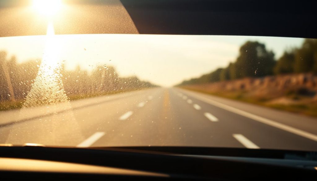 A well-maintained, high-quality windshield showcasing the importance of auto glass care. Detailed close-up view of a windshield, with a clean, streak-free surface and a subtle protective coating reflecting the sunlight. The glass appears impeccably clear, allowing a sharp, unobstructed view of the open road ahead. Soft, natural lighting creates a warm, inviting atmosphere, emphasizing the care and attention given to this essential automotive component. The image conveys a sense of reliability, safety, and the benefits of proactive auto glass maintenance.