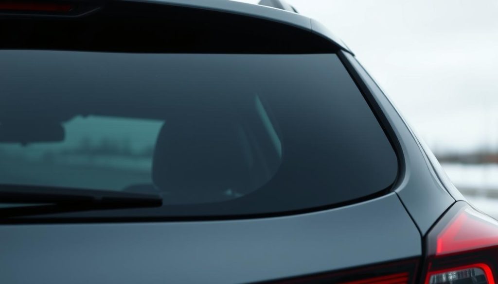 Well-lit, fog-free windows of a car, showcasing the clarity and visibility of the rear glass. The exterior features a sleek, modern design with a seamless integration of the rear window. The middle ground captures the efficient rear defrost system, gently warming the glass and maintaining a clear view. The background suggests a cool, overcast day, emphasizing the importance of a properly functioning defrost system. The lighting is soft and natural, creating a sense of tranquility and focus on the subject. The image is captured at a slightly elevated angle, providing a comprehensive view of the rear glass and the defrost system in action.