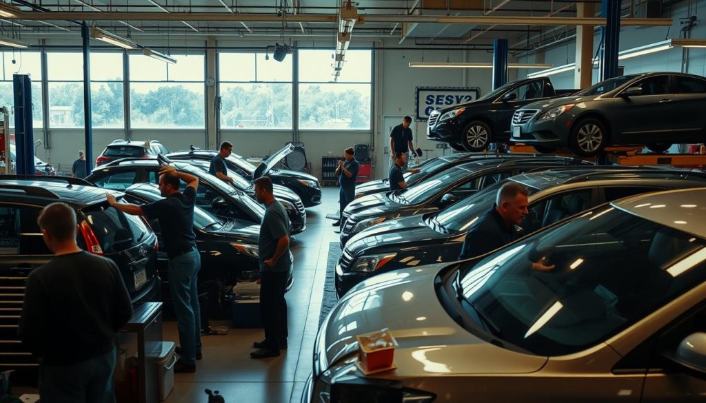 A busy auto glass repair shop in San Antonio, with skilled technicians replacing windshields and side windows on a variety of vehicles. The interior is well-lit, with warm overhead lighting and large windows allowing natural light to flood the workspace. Tools and equipment are neatly organized, conveying a sense of professionalism. Customers wait in a comfortable lounge area, observing the technicians at work through a large glass partition. The overall atmosphere is one of efficiency, expertise, and customer-centric service, reflecting the current state of the auto glass repair industry in the city.