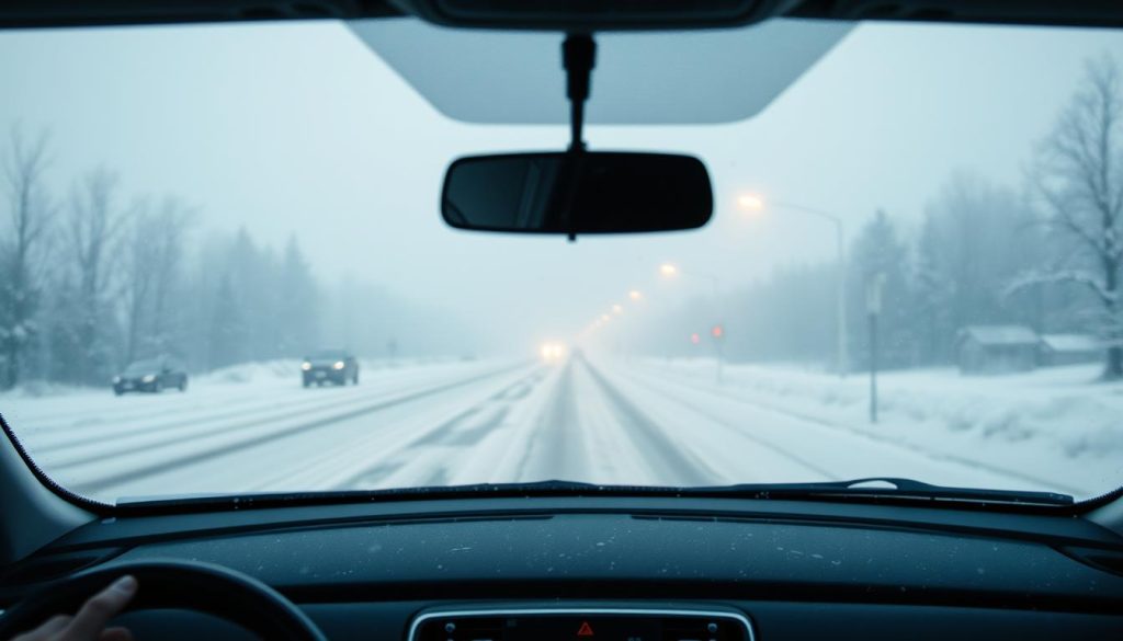 A clear, fog-free windshield during a snowy winter drive, with crisp visibility of the road ahead. The scene is bathed in soft, ambient light, creating a serene and tranquil atmosphere. The vehicle's rear windshield is heated, efficiently clearing away any ice or condensation. The dashboard is minimalist, with only essential controls visible. The exterior is dusted with a light layer of fresh snow, adding to the wintry aesthetic. The camera angle is positioned slightly above the driver's perspective, conveying a sense of confident control on the open road.