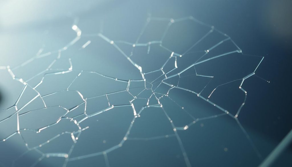 A closeup view of a car windshield with several small, intricate cracks and chips scattered across the surface. The damaged glass reflects the natural lighting, creating a sense of depth and texture. The edges of the chips are sharp and jagged, hinting at the potential for further cracking. The overall scene conveys a sense of subtle deterioration, emphasizing the impact of external forces on the fragile windshield. The focus is sharp, drawing the viewer's attention to the minute details of the damaged glass, eliciting a sense of concern and the need for proper maintenance and repair.