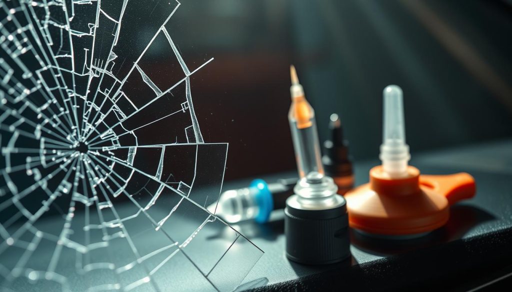 A detailed close-up view of a cracked windshield, showcasing various repair options. The foreground features a shattered windshield with intricate spider-web patterns, diffracted light creating a mesmerizing effect. The middle ground highlights several repair tools, including a windshield repair kit, a resin injector, and a suction cup tool. The background is blurred, creating a sense of depth and focus on the windshield damage and repair methods. The scene is illuminated by soft, directional lighting, casting subtle shadows and highlights to accentuate the textures and depth of the cracked glass. The overall mood is one of technical precision and the importance of understanding windshield damage and repair options.
