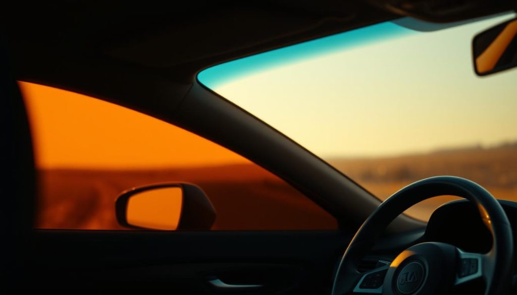 A finely detailed, high-resolution image of the interior of a car, with the camera focused on the driver's side window. The window is tinted with a subtle, amber-hued tint that casts a warm, golden glow throughout the cabin. The tint is not overpowering, but effectively filters out harmful UV rays, as evidenced by the soft, diffused lighting. The dashboard and steering wheel are visible in the foreground, hinting at the car's interior, while the landscape outside the window is slightly blurred, creating a sense of depth and emphasizing the protective barrier of the treated glass. The overall mood is one of comfort, safety, and environmental awareness.