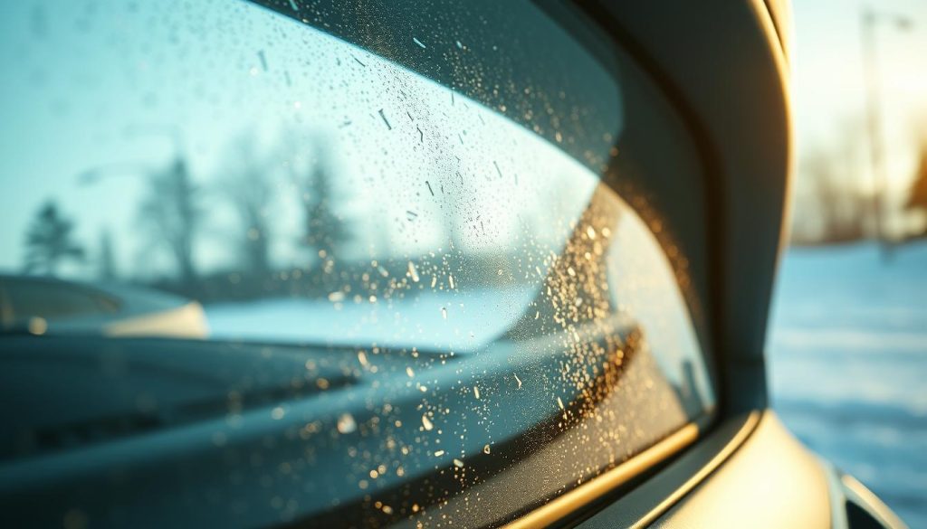 A high-resolution, detailed, and photorealistic image of a rear windshield defroster system. The image should show the defroster wires embedded in the glass, with a crisp and clear view of the individual heating elements. The lighting should be soft and diffused, creating a warm and inviting atmosphere that highlights the technical details of the system. The angle should be slightly elevated, providing a clear and unobstructed view of the defroster, while also capturing the context of the vehicle's interior. The focus should be sharp, with a shallow depth of field to draw the viewer's attention to the defroster itself.