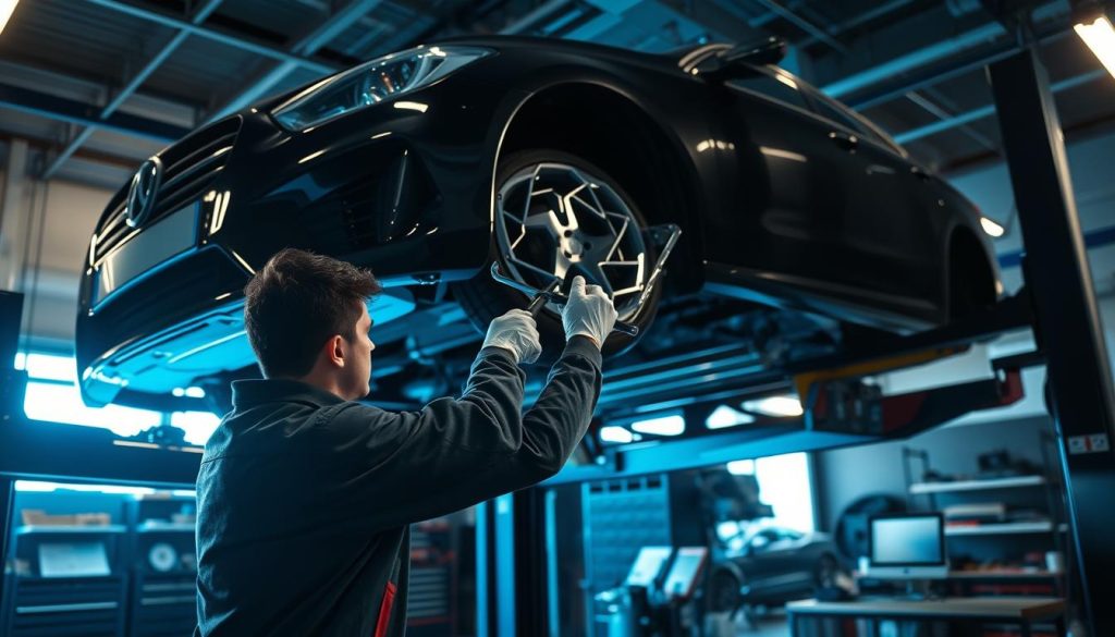 A sleek, modern garage interior with an elevated car on a hydraulic lift. In the foreground, a skilled technician carefully removes the damaged windshield, using specialized tools and protective gear. Bright, directional lighting illuminates the scene, casting dramatic shadows and highlighting the intricate details of the glass replacement process. The mid-ground features a well-organized workspace with shelves of replacement parts and a computer monitor displaying technical schematics. In the background, the faint silhouettes of other vehicles and equipment suggest a bustling, professional auto repair shop. The overall atmosphere conveys a sense of precision, efficiency, and the importance of proper windshield maintenance for the car's safety and resale value.