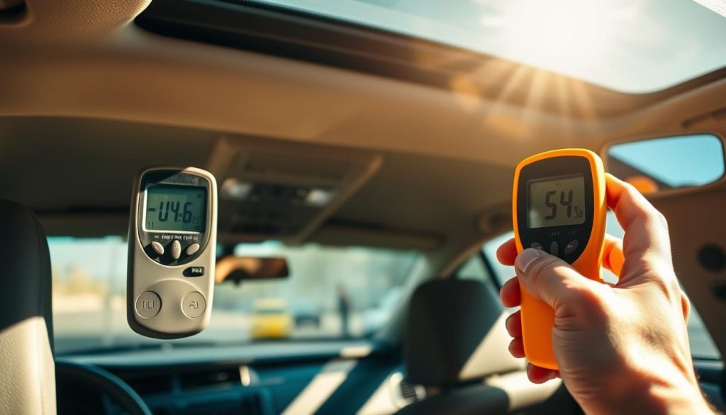 A sun-dappled car interior, the dashboard and seats bathed in a warm glow. In the foreground, a hand holding a UV light meter, its display showing elevated readings. The middle ground reveals a dashboard with partially tinted windows, highlighting the uneven distribution of UV protection. In the background, a side-view mirror reflects the bright exterior, casting shadows across the cabin. The scene conveys a sense of awareness, drawing attention to the hidden dangers of UV exposure within the seemingly safe confines of a vehicle.