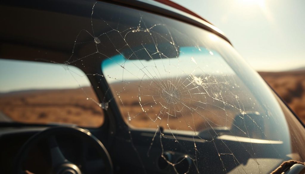 A sun-dappled windshield, its surface scarred with small pits and cracks, dominates the frame. In the foreground, the windshield's distorted reflection captures the car's dashboard and steering wheel, hinting at the vehicle's worn interior. The middle ground features a detailed close-up of the damaged glass, each imperfection rendered with photorealistic clarity. The background blurs into a soft, hazy landscape, drawing the viewer's attention to the central subject. Warm, directional lighting casts subtle shadows, conveying a sense of depth and materiality. The overall scene evokes a sense of weathered practicality, underscoring how the windshield's condition can impact a car's perceived value.
