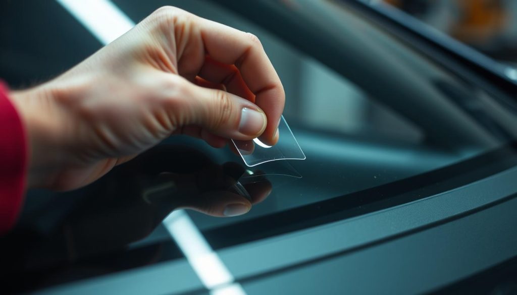 A well-lit, close-up view of a hand skillfully applying a transparent adhesive patch over a small chip or crack on a car's windshield. The windshield is made of tempered glass and has a subtle curved surface. The application process is captured from an angle that showcases the careful, meticulous technique. The lighting is soft and diffused, creating a sense of focus and clarity. The background is slightly blurred, placing the windshield repair at the center of attention. The overall scene conveys a sense of professionalism, attention to detail, and effective prevention of further windshield damage.