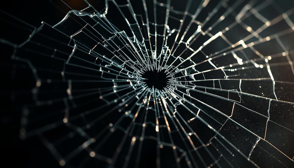 Detailed close-up of glass stress damage on a car windshield. Shattered fracture patterns with intricate web-like cracks radiating outwards from a central impact point. Realistic textures and imperfections in the glass surface, capturing the subtle variations in transparency and reflections. Dramatic side lighting emphasizes the depth and three-dimensional nature of the damage, casting deep shadows and highlights. Moody, high-contrast lighting creates a sense of tension and fragility. Lens flare and bokeh effects add to the photorealistic quality. The overall composition highlights the technical nature of the subject and its relationship to vehicle safety.