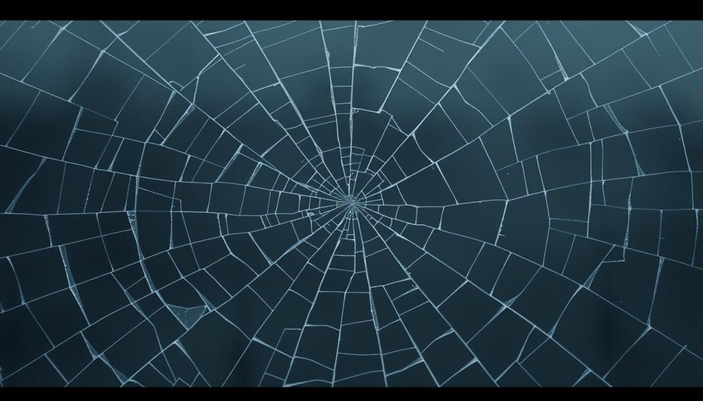 Detailed close-up of intricate spiderweb-like pattern of pressure cracks spreading across a windshield. Thin, jagged lines of various lengths and directions converge at irregular intervals, creating a complex, fractured network. Rendered in muted, grayscale tones with a slight hazy, distorted effect to simulate the glass surface. Evenly lit from multiple angles to highlight the depth and texture of the cracks. Crisp, high-resolution focus to showcase the fine details and uneven, ragged edges of the fractures. Moody, tense atmosphere that conveys the sense of fragility and impending damage to the windshield.