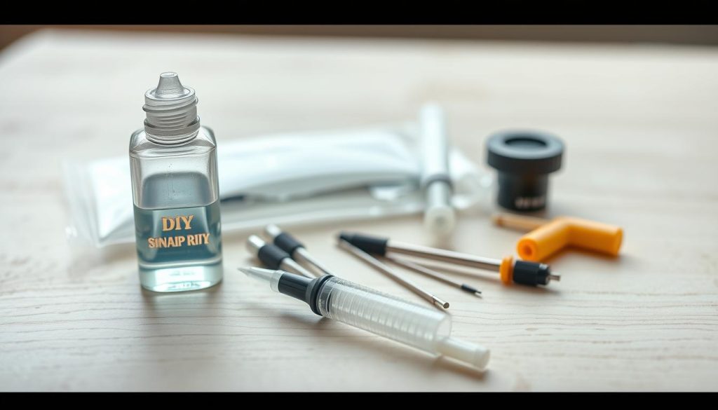 a highly detailed photograph of a DIY windshield repair kit on a light wooden surface, captured with a wide-angle lens and soft natural lighting. The kit includes a clear plastic resin bottle, a syringe-like applicator, and various specialized tools for filling and smoothing windshield cracks. The foreground is in sharp focus, while the background is gently blurred, creating a sense of depth and emphasizing the kit's components. The overall mood is one of professional-grade tools and materials, conveying the seriousness and importance of DIY windshield repair.