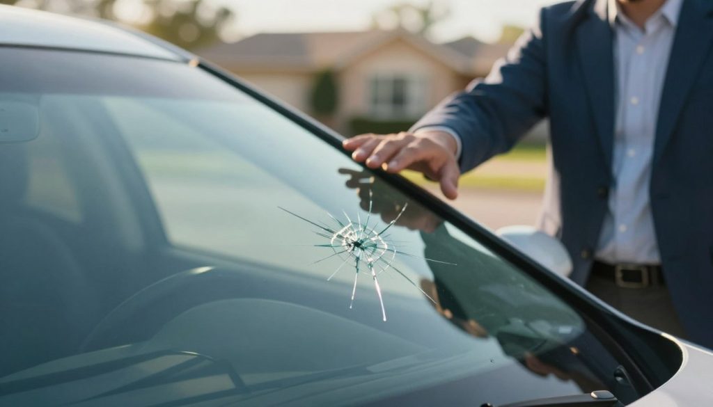 A close-up view of a car windshield with a small, visible crack reflecting sunlight, emphasizing the importance of vehicle safety. In the foreground, focus on the crack itself, showcasing its clear detail with light refracting off the glass. In the middle, a blurred outline of a hand reaching out to touch the windshield, symbolizing the urgency of repair, dressed in professional attire. In the background, a blurred suburban setting of San Antonio with soft, natural lighting suggesting a warm day, conveying a sense of calm and responsibility. Use shallow depth of field to create a heightened sense of focus on the crack, enhancing the mood of awareness and caution regarding auto glass safety. The overall atmosphere is serious yet hopeful, highlighting the significance of timely repairs.