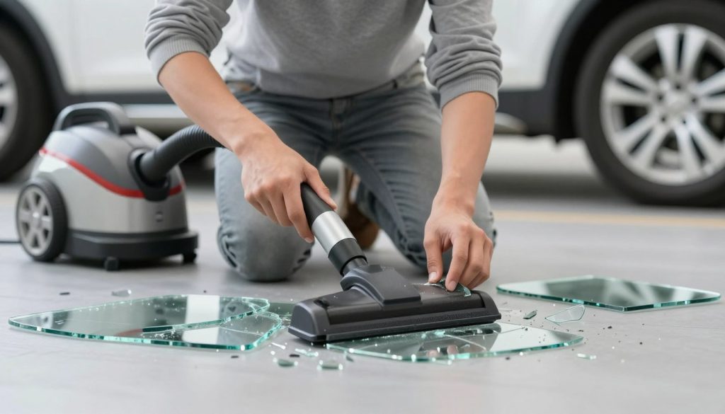 A brightly lit scene featuring a professional wearing modest casual clothing, carefully vacuuming shards of broken auto glass on a clean, gray surface. In the foreground, focus on the vacuum cleaner, with glass fragments glimmering under soft light. The middle ground exhibits the meticulous process of cleaning, showcasing the person's intent expression and focused posture as they handle the fragments with a dustpan and vacuum. The background includes a blurred car interior with no visible damage, emphasizing safety and caution. The atmosphere conveys a sense of responsibility and diligence, with even lighting highlighting the situation's seriousness, while maintaining an accessible and safe environment for viewers. The overall composition should evoke a strong message about the importance of cleaning up broken glass carefully. A brightly lit scene featuring a professional wearing modest casual clothing, carefully vacuuming shards of broken auto glass on a clean, gray surface. In the foreground, focus on the vacuum cleaner, with glass fragments glimmering under soft light. The middle ground exhibits the meticulous process of cleaning, showcasing the person's intent expression and focused posture as they handle the fragments with a dustpan and vacuum. The background includes a blurred car interior with no visible damage, emphasizing safety and caution. The atmosphere conveys a sense of responsibility and diligence, with even lighting highlighting the situation's seriousness, while maintaining an accessible and safe environment for viewers. The overall composition should evoke a strong message about the importance of cleaning up broken glass carefully.