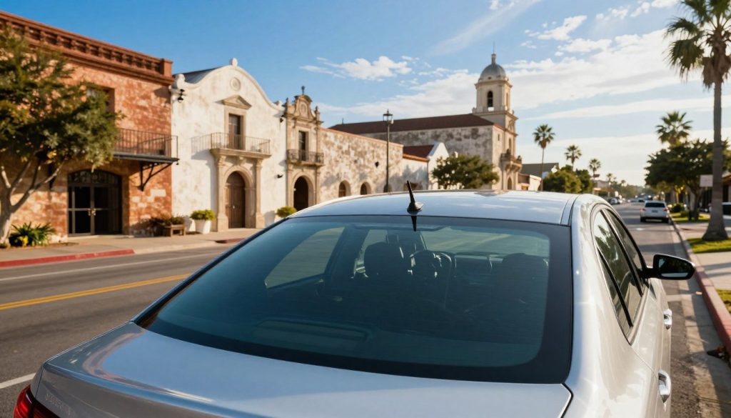 A clear view of a San Antonio street with a car parked on the side, showcasing a pristine rear windshield glistening in sunlight. In the foreground, the rear of the vehicle is in sharp focus, emphasizing the sleek curves of the windshield. The middle layer includes recognizable San Antonio architectural features, such as the historic Mission-style buildings or local landmarks, bathed in warm afternoon light. In the background, a vibrant blue sky with a few wispy clouds adds depth, and palm trees line the street. The scene captures a professional and inviting atmosphere, signifying a reliable auto glass service in the local community. The lighting is bright and sunny, reminiscent of a typical day in San Antonio.