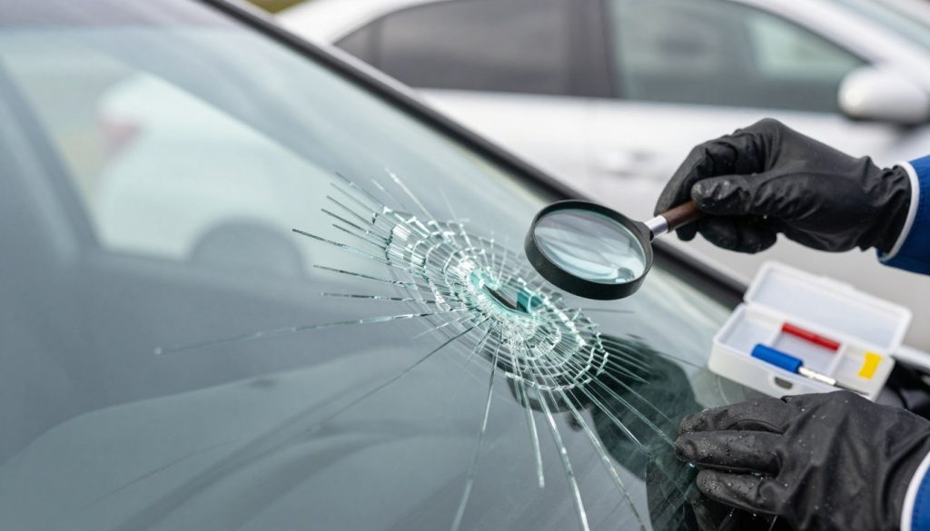 A close-up detail of a cracked windshield positioned at a slight angle, capturing the intricate patterns of the damage. The foreground focuses on the jagged fissures and subtle reflections of light highlighting the glass's surface, evoking a sense of vulnerability and concern. In the middle ground, a pair of gloved hands gently examining the crack, showcasing a professional approach with tools like a magnifying glass and a repair kit nearby, emphasizing the inspection process. The background features a soft blur of a car interior, providing context without distracting from the main subject. The lighting is natural and bright, creating a clean, reassuring atmosphere ideal for a careful inspection.