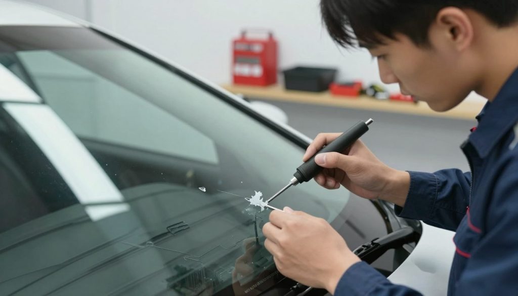 A close-up image focused on a professional auto technician in a clean, well-lit garage environment, expertly repairing a small chip on a windshield. In the foreground, show the technician, dressed in a neat uniform, using specialized tools to fill the chip with clear resin. In the middle ground, depict a partially repaired windshield, showcasing the transformation from a damaged to a nearly pristine state. Soft, diffused lighting enhances the detailed reflections on the glass, while the background features tools and equipment neatly organized, contributing to a sense of order and professionalism. The overall atmosphere is one of safety and trust, emphasizing the benefits of timely repairs for vehicle owners seeking peace of mind.