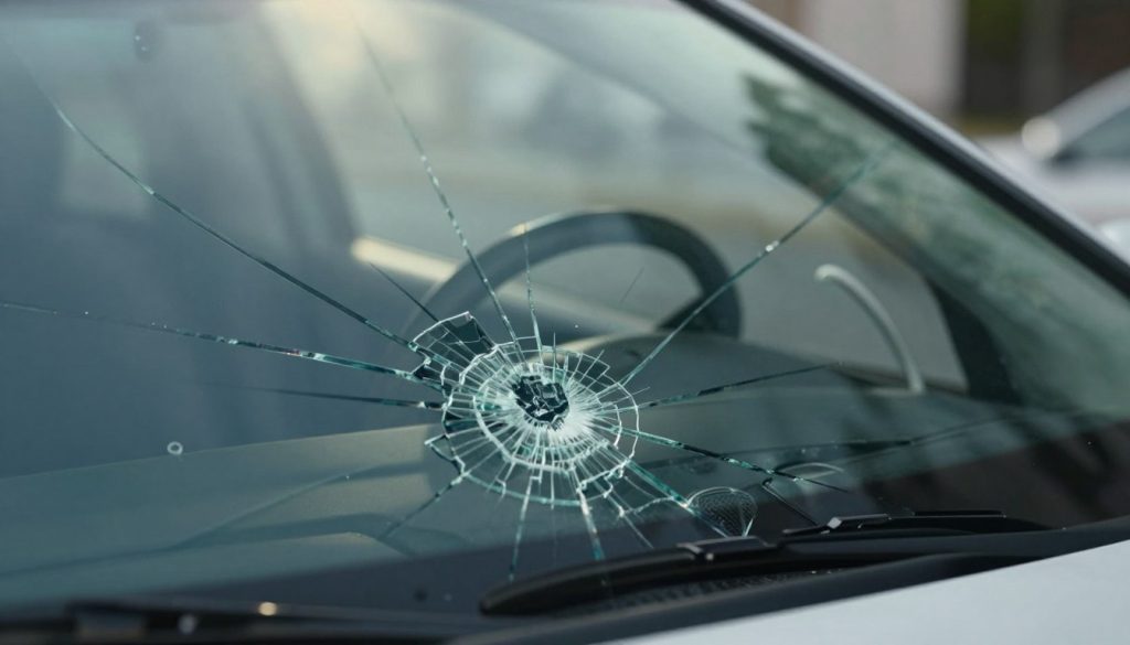 A close-up of a cracked windshield featuring a detailed view of the fracture pattern, showcasing the structural integrity issues it presents. In the foreground, emphasize the jagged edges of the crack and the glass’s distortion, reflecting the complexity of its impact on safety. The middle layer includes a car interior, focusing on the dashboard and steering wheel, highlighting the contrast between the damaged windshield and an intact vehicle environment. The background features a blurred urban setting, with the sunlight filtering through the glass, creating a soft glow that emphasizes the seriousness of driving with a compromised windshield. The overall mood is tense yet informative, aimed at conveying the importance of vehicle safety. Natural lighting, shot from a low angle, brings attention to the windshield’s condition without any text or distractions.