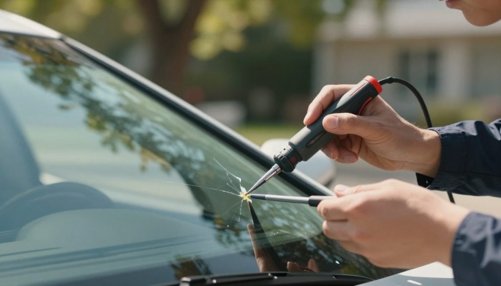 A close-up scene showing a person in professional attire carefully performing a rock chip windshield repair using a DIY repair kit. In the foreground, focus on the repair tool in their hands, applying resin to a clear, visible chip on the windshield. The middle of the image includes the car hood, slightly reflecting the sunlight, enhancing the clarity of the chip area. In the background, softly blurred, there are trees with dappled sunlight filtering through the leaves, creating a calm and focused atmosphere. The lighting should be bright and natural, simulating a sunny day, emphasizing the attention to detail in the repair process. The angle should be slightly tilted down towards the windshield, capturing the intricate action of the repair.