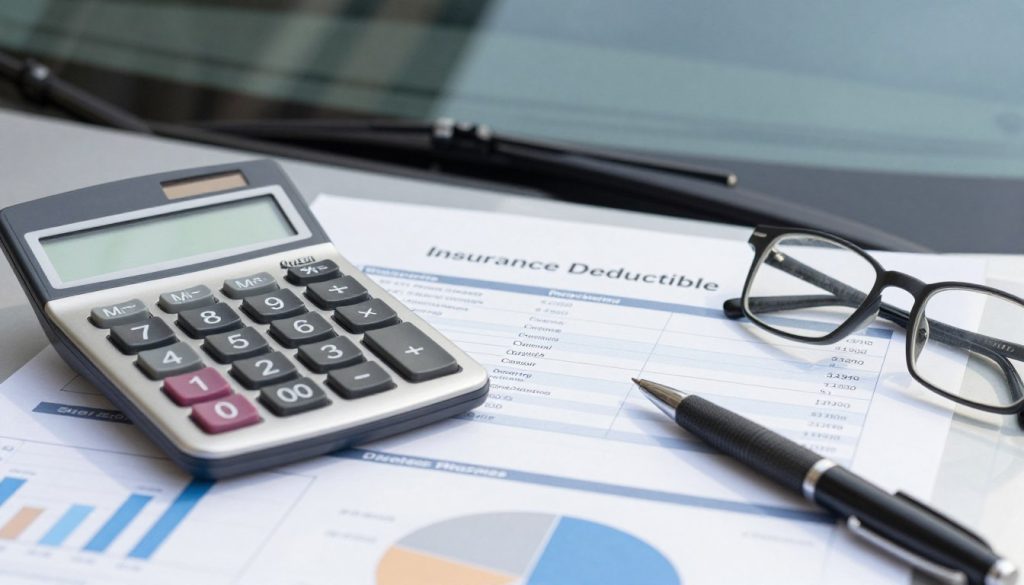 A close-up shot of a detailed financial document displaying figures and charts related to deductible costs in an insurance context. In the foreground, a calculator rests on the document, surrounded by a pen and a pair of reading glasses, suggesting a thoughtful analysis of expenses. In the middle ground, there is a form titled "Insurance Deductible", featuring lists of repair costs for windshield damage. The background shows a soft-focus image of a car undergoing windshield repair, hinting at the relevant situation. The lighting is bright and natural, casting soft shadows, creating an atmosphere of clarity and financial awareness. The image captures a professional, organized feel to reflect the importance of understanding deductible costs.