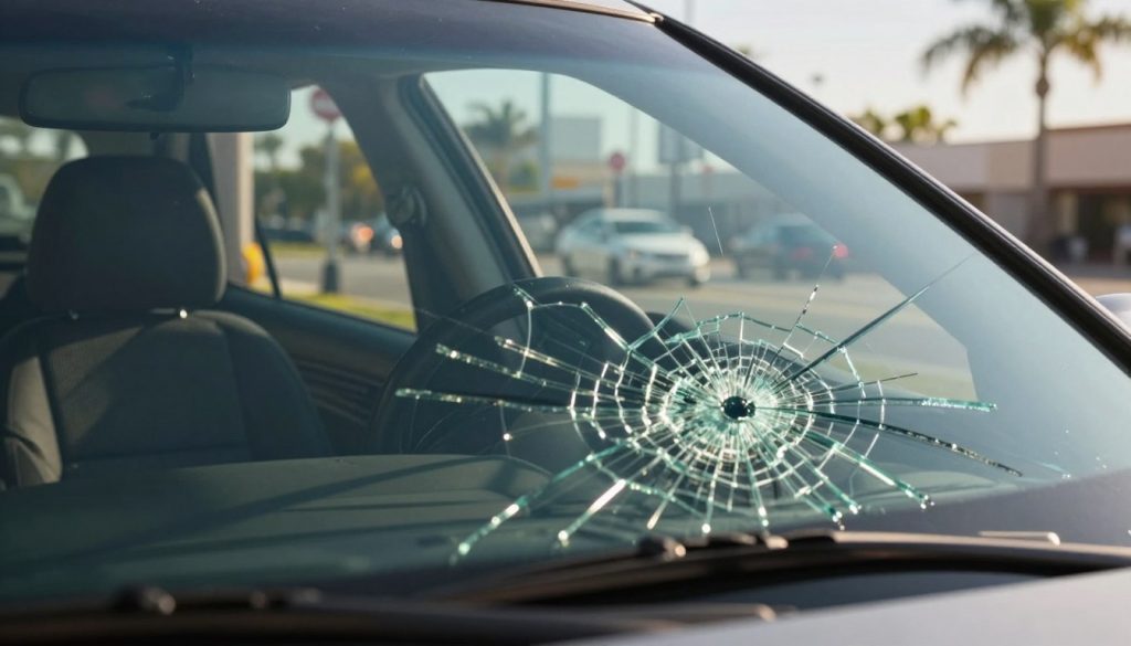 A close-up view from inside a car, showcasing a cracked windshield that dominates the foreground, with shards of glass reflecting sunlight. The driver's seat is empty, suggesting a moment of pause. In the middle ground, the dashboard and steering wheel are visible, emphasizing the intimate connection between the driver and the damaged windshield. Beyond the windshield, a blurred but distinct urban San Antonio street scene is visible, with cars passing and hints of palm trees under a bright, cloudless sky. The lighting is warm and inviting, yet the cracked glass hints at a sense of caution. Angle the shot slightly upward to capture both the damage and the vibrant cityscape, conveying a mood of concern and awareness about driver safety.