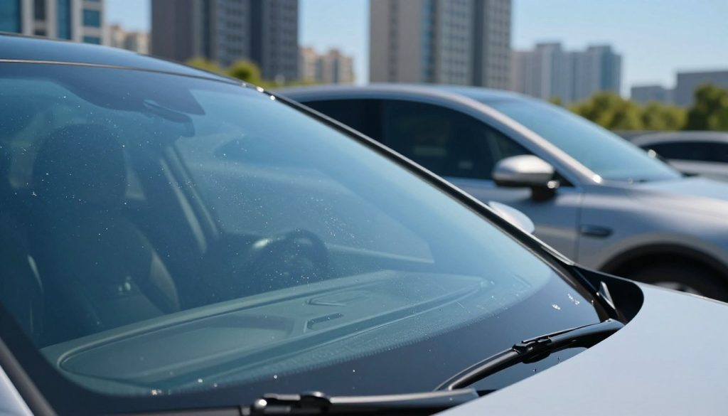 A close-up view of a car windshield coated with advanced UV protection film, highlighting its glossy, smooth surface in the foreground. Light filtering through the windshield creates shimmering reflections, showcasing the film’s effect under bright sunlight. In the middle ground, a sleek, modern car is parked, illustrating an urban environment, with tall buildings softly blurred in the background. The scene is set on a clear day with vivid blue skies, emphasizing the importance of protecting the vehicle's glass from harmful UV rays over time. The overall mood conveys sophistication and practicality, inviting the viewer to appreciate the investment in protection while maintaining a polished and professional aesthetic. A close-up view of a car windshield coated with advanced UV protection film, highlighting its glossy, smooth surface in the foreground. Light filtering through the windshield creates shimmering reflections, showcasing the film’s effect under bright sunlight. In the middle ground, a sleek, modern car is parked, illustrating an urban environment, with tall buildings softly blurred in the background. The scene is set on a clear day with vivid blue skies, emphasizing the importance of protecting the vehicle's glass from harmful UV rays over time. The overall mood conveys sophistication and practicality, inviting the viewer to appreciate the investment in protection while maintaining a polished and professional aesthetic.