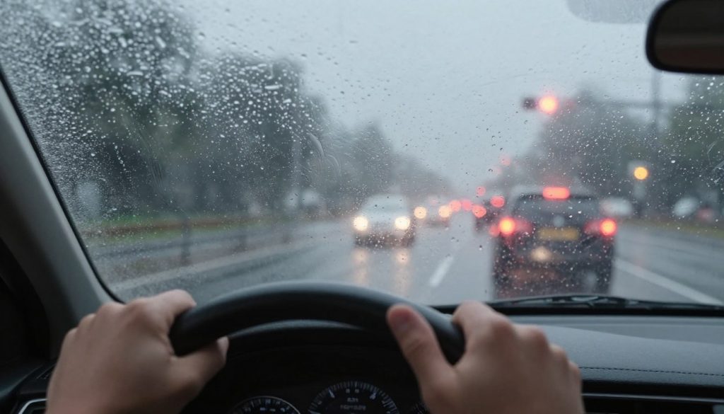 A close-up view of a car windshield heavily fogged and smeared with raindrops, emphasizing poor visibility. In the foreground, a pair of hands gripping the steering wheel tight, partially in focus. The middle ground features blurred traffic lights and tail lights of vehicles struggling through the wet conditions, hinting at danger and uncertainty on the road. In the background, a dimly lit street illuminated by distant headlights and the soft glow of streetlamps, creating an atmospheric, moody contrast. The scene captures a sense of urgency and risk, emphasizing the necessity for clear visibility in driving. The lighting is soft and diffused, reminiscent of an overcast day, ensuring the focus remains on the theme of impaired visibility without distractions.