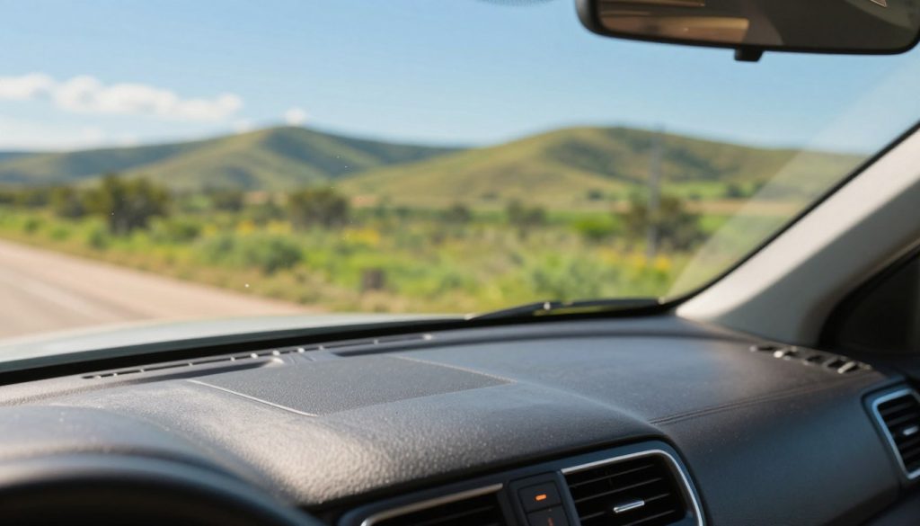 A close-up view of a car windshield in the foreground, showcasing a clear surface with minimal condensation, reflecting a bright, sunny Texas sky. The middle layer features the car's dashboard with a defrost button lit up, emphasizing preparation for humid weather. In the background, a picturesque Texas landscape reveals rolling hills and vibrant greenery under a clear blue sky, evoking a sense of warmth and readiness. The lighting is bright and natural, casting soft reflections on the windshield, creating a hopeful and inviting atmosphere. A shallow depth of field focuses on the windshield details while softly blurring the background, enhancing the feeling of clarity and prevention.