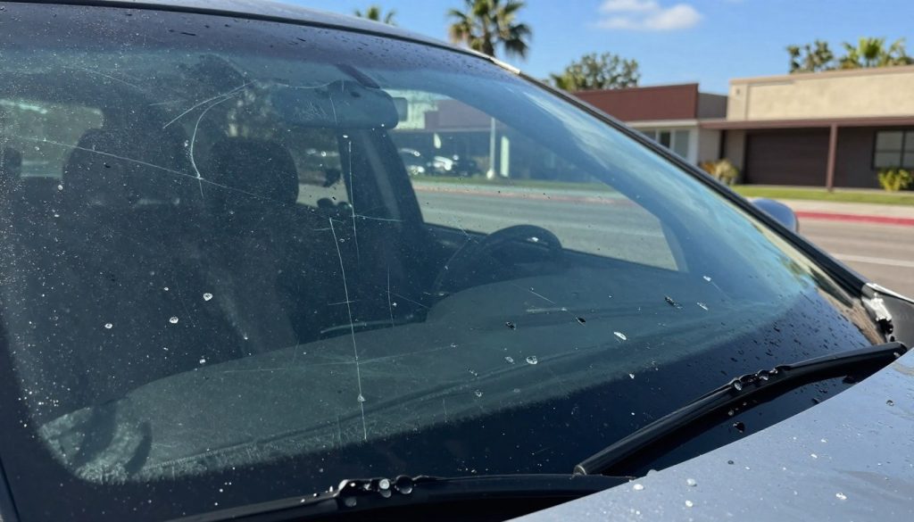A close-up view of a car windshield severely damaged by hail, showcasing multiple small and medium-sized dents and cracks scattered across the glass. The windshield reflects the sunny San Antonio sky, contrasting sharply with the tumultuous history of recent hailstorms. In the foreground, include a small puddle of melted ice near the car, hinting at the hailstorm aftermath. In the middle ground, part of the car's hood is slightly visible, with remnants of hailstones nearby. The background should feature blurred outlines of typical San Antonio architecture and palm trees, under a clear blue sky, to set the scene. The lighting should be bright and natural, emphasizing the texture of the damaged glass. The atmosphere should evoke concern about vehicle safety and the impact of hail damage. Ensure no text or watermarks are present.