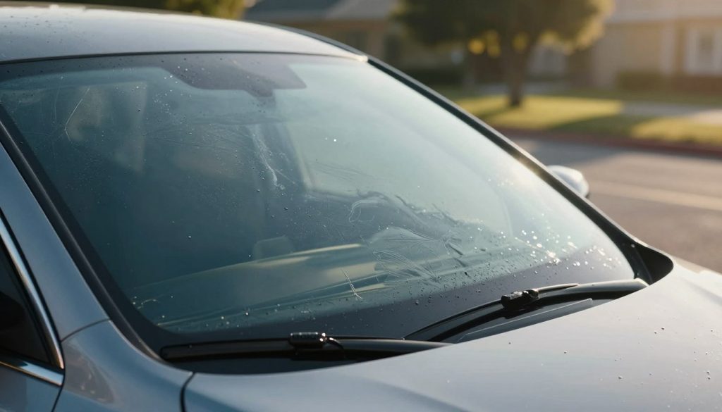 A close-up view of a car windshield showcasing water spots and stubborn grime, emphasizing the textures and reflections on the glass surface. The foreground features a sleek, modern car with a shiny finish, while the background includes a soft focus of a driveway and a few trees, bathed in gentle afternoon sunlight. The lighting should create a sparkling effect on the glass, highlighting its clarity and imperfections. Use a shallow depth of field to draw attention to the glass while keeping the surrounding elements slightly blurred. The overall mood is serene and practical, inviting viewers to consider the beauty and maintenance of automotive glass.
