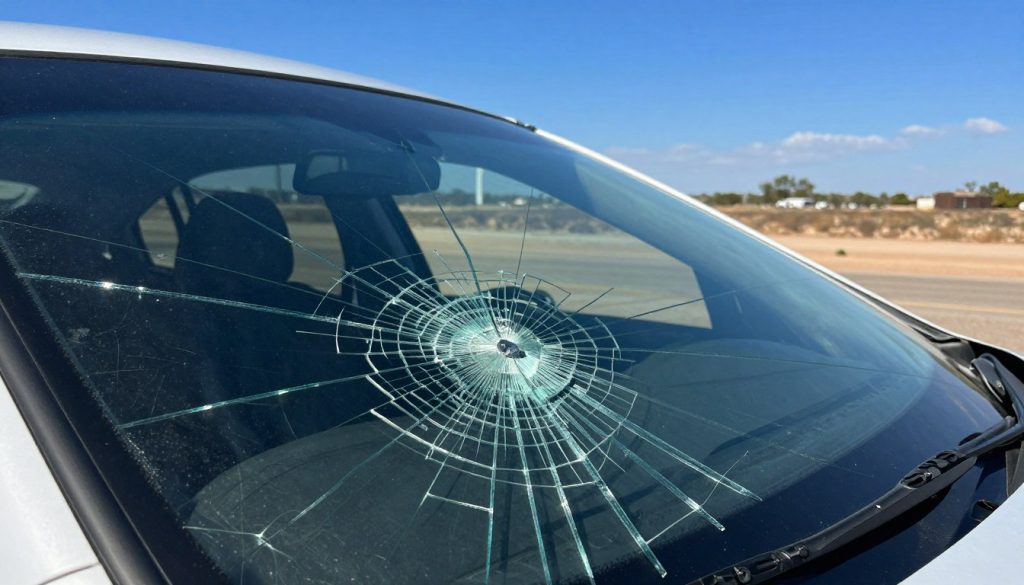 A close-up view of a car windshield showing multiple types of heat-related damage, including cracks and chips, caused by extreme Texas heat. The foreground displays the glass with distinct fractures radiating outward, some in a star pattern and others in long, spiderweb-like cracks, vividly highlighting the impact of temperature fluctuations. The middle section shows the vehicle’s hood, slightly reflecting light under the harsh sun, emphasizing the heatwave effect and the vehicle's surrounding environment. In the background, a bright blue Texas sky with shimmering heat waves and a barren landscape, suggesting intense heat. The lighting is bright and vivid, casting sharp shadows to enhance the details of the glass. Overall mood evokes concern about vehicle maintenance and environmental impact. No text or watermarks present.