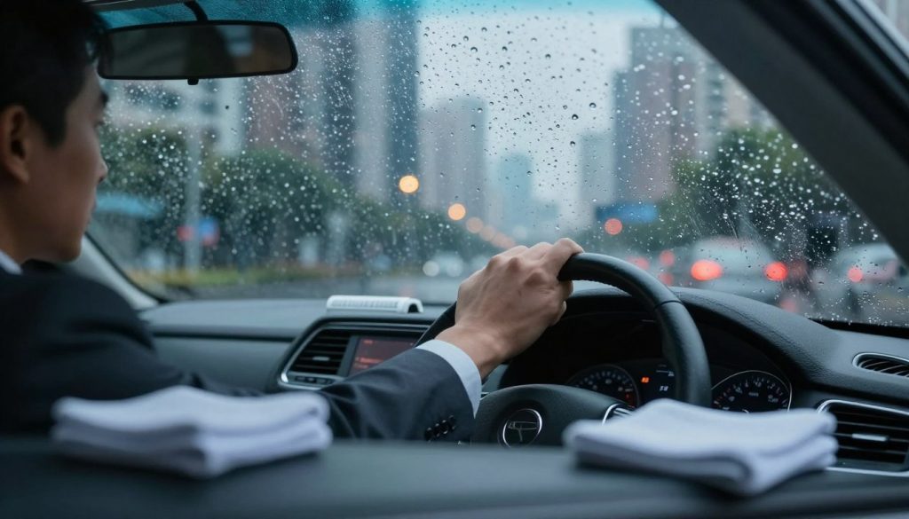 A close-up view of a car's windshield covered in light rain, with water droplets creating a beautiful, abstract pattern. The scene captures a blurred cityscape in the background, showcasing tall buildings and streetlights, indicating evening twilight. The inner view is clear, focusing on a driver's hands gripping the steering wheel, dressed in a business outfit, emphasizing alertness and responsibility. Soft, diffused lighting enhances the mood of a serene yet alert driving experience, while the camera angle is slightly tilted to add dynamism. Glass cleaner and a microfiber cloth rest on the dashboard, further illustrating the theme of maintaining clear visibility. The overall atmosphere is one of caution and diligence, highlighting the importance of maintaining a clean windshield for safe driving.
