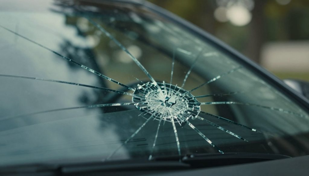 A close-up view of a cracked windshield, focusing on a prominent and intricate crack pattern extending diagonally across the glass. The foreground should highlight the transparency of the glass, showcasing the crack's jagged edges and reflective surface. In the middle ground, there should be hints of a car dashboard, slightly blurred to emphasize the crack. The background should feature soft, diffused natural light filtering through trees, adding a serene yet urgent atmosphere to the scene. The composition should be shot from a slightly elevated angle, capturing both the crack and the context of the car interior. The mood is one of contemplation and prompt action, evoking a sense of care for vehicle maintenance.