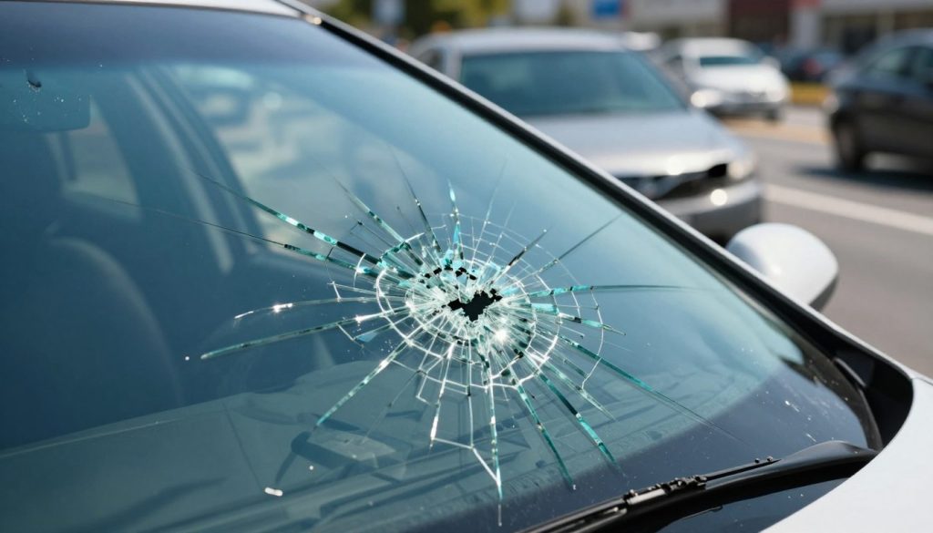 A close-up view of a cracked windshield, prominently displaying a jagged crack extending from one corner to the center. In the foreground, shattered glass fragments glint in the sunlight, reflecting a vibrant blue sky. The middle ground features a car with visible damage, parked on a busy road with blurred motion indicating traffic in the background, suggesting urgency and potential hazards. The lighting captures a bright afternoon, highlighting the contrast between the clear parts of the windshield and the damaged section. The atmosphere conveys a sense of caution and concern, emphasizing the risks associated with driving a vehicle that has significant auto glass damage.