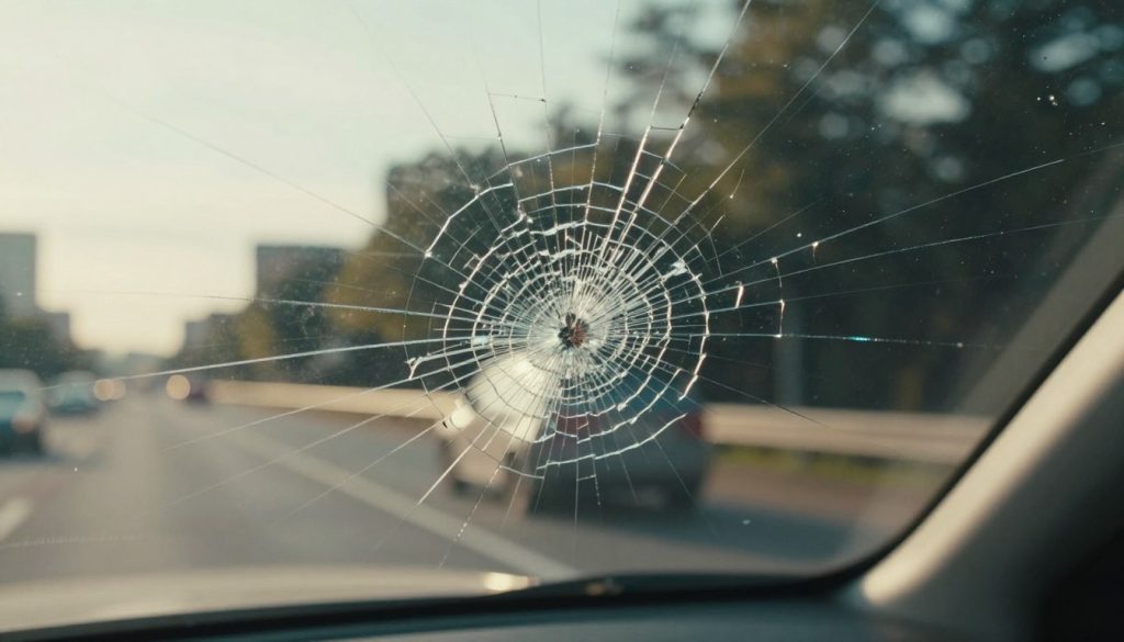 A close-up view of a cracked windshield seen from an inside perspective of a vehicle, with intricate spider-like fractures radiating from a central impact point. The glass should appear slightly reflective, capturing hints of blurred scenery outside, like trees and roadside elements, to suggest movement. The sunlight streams softly through the cracks, creating a warm glow that contrasts against the cold glass, emphasizing the damage. In the background, a faint outline of a cityscape is visible, indicating a driving context. The atmosphere is tense yet reflective, illustrating the importance of safety and legal implications of driving with a damaged windshield. Capture this scene using a shallow depth of field to draw focus on the cracks while softly blurring the background details.