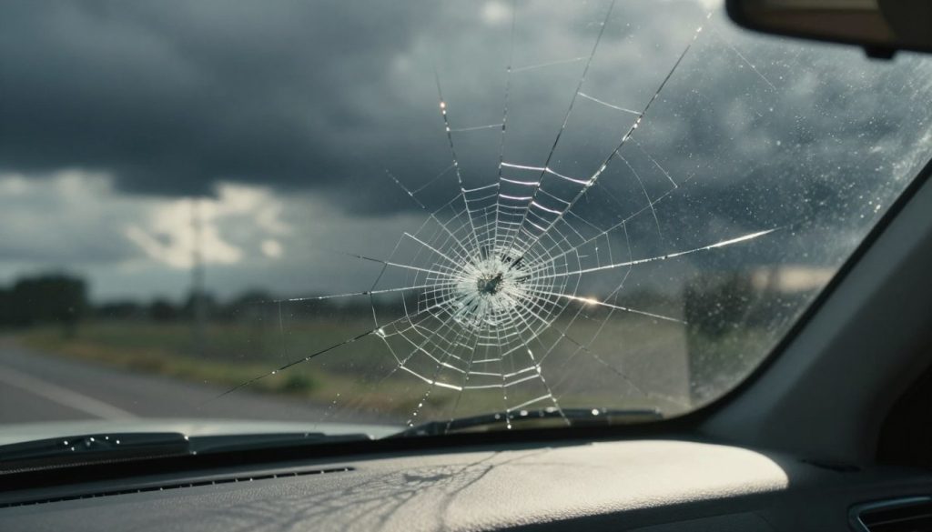 A close-up view of a cracked windshield, showcasing a prominent spiderweb fracture extending across the glass. The sunlight streams through, illuminating the cracks and reflecting delicate patterns on the dashboard below. In the background, a blurred image of dark storm clouds looms, hinting at impending weather changes. The composition is captured at an angle that emphasizes the fragility of the glass, highlighting its vulnerability to environmental factors. The mood is tense, with a focus on the contrast between the serene interior of a vehicle and the threatening weather outside. Soft shadows create depth, enhancing the visual drama. The overall atmosphere conveys urgency and concern, making the viewer aware of the potential consequences of weather on minor windshield damage. A close-up view of a cracked windshield, showcasing a prominent spiderweb fracture extending across the glass. The sunlight streams through, illuminating the cracks and reflecting delicate patterns on the dashboard below. In the background, a blurred image of dark storm clouds looms, hinting at impending weather changes. The composition is captured at an angle that emphasizes the fragility of the glass, highlighting its vulnerability to environmental factors. The mood is tense, with a focus on the contrast between the serene interior of a vehicle and the threatening weather outside. Soft shadows create depth, enhancing the visual drama. The overall atmosphere conveys urgency and concern, making the viewer aware of the potential consequences of weather on minor windshield damage.