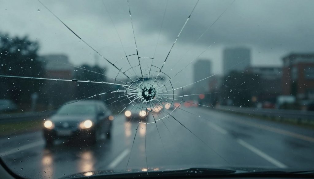 A close-up view of a cracked windshield, showcasing intricate fissures that distort the glass. In the foreground, droplets of rain gather on the surface, refracting the dim light of an overcast sky, highlighting the visibility issue caused by the crack. The middle layer features blurred silhouettes of vehicles driving on a rainy road, their headlights struggling to pierce through the misty atmosphere. In the background, a cityscape fades into the haze, with ominous clouds shadowing the skyline. The scene is captured with a soft-focus lens effect, creating a somber and reflective mood, emphasizing the impact of weather conditions on safety and visibility while driving. A close-up view of a cracked windshield, showcasing intricate fissures that distort the glass. In the foreground, droplets of rain gather on the surface, refracting the dim light of an overcast sky, highlighting the visibility issue caused by the crack. The middle layer features blurred silhouettes of vehicles driving on a rainy road, their headlights struggling to pierce through the misty atmosphere. In the background, a cityscape fades into the haze, with ominous clouds shadowing the skyline. The scene is captured with a soft-focus lens effect, creating a somber and reflective mood, emphasizing the impact of weather conditions on safety and visibility while driving.